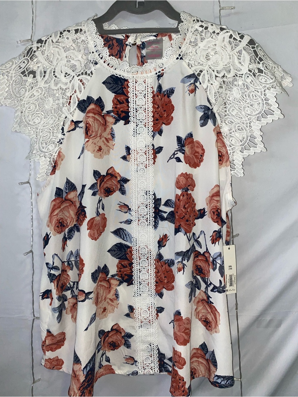 Floral Lace-Trim Women’s blouse - White with Rust Rose Print